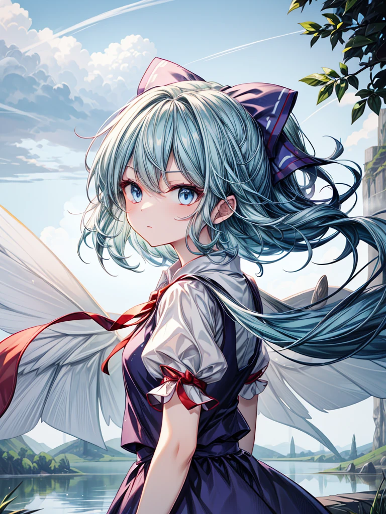 1girl, ((Alluring)),((Wear cold air)),cirno (Touhou), ((long hair)), blue hair, ice wings, ((Hair blowing in the wind)),fairy wings, Blue eyes, bangs, white shirt, collared shirt, puffy short sleeves, blue dress, pinafore dress, red ribbon, neck ribbon, blue bow, green bow, hair bow, bow,((misty lake)),((Gensokyo))