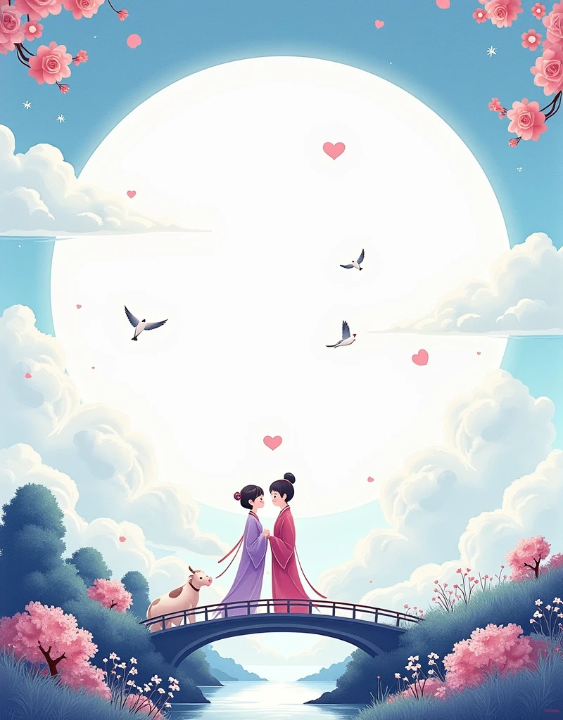 Ink portrait,National scenery,New Gongbi,Song Huizong,Large area of white space,The person in the picture is in the middle right,A triangle shape,(Qixi Valentine's Day),Ancient Chinese Mythology,(Hanfu),((Boys and girls snuggle together:1.7)),(Standing on the arch bridge),(((A cute calf:1.7))),(((3 magpies:1.8))), ((Fluffy love heart)),Fluffy clouds,Star,Beautiful moon,Grass,Flowers,In a dream,A vibrant and fun way to set the stage,Blue, purple and pink tones,Bright,Art