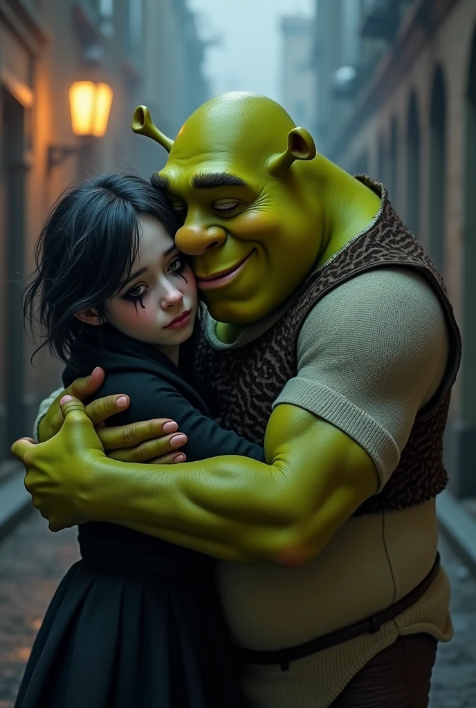 Shrek hugging a gothic ager