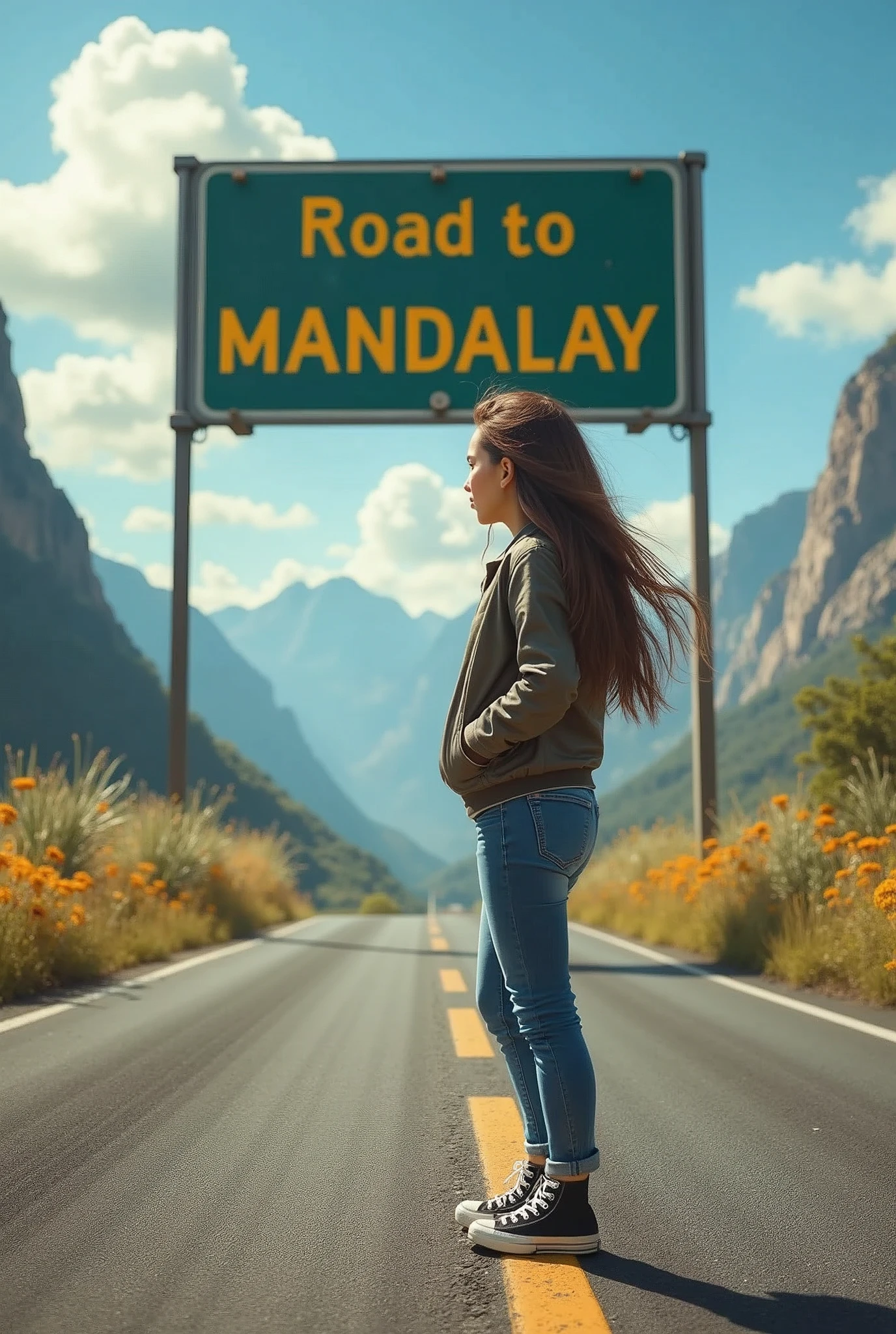 photo, realistic , masterpiece, best quality, ultra detailed, 1 girl, brown hair, jacket, jean pants and converse boots, high way road, there is a sign board that says " Road to Mandalay " with thick bold line, sunny day, wild flowers and grasses, mountain background