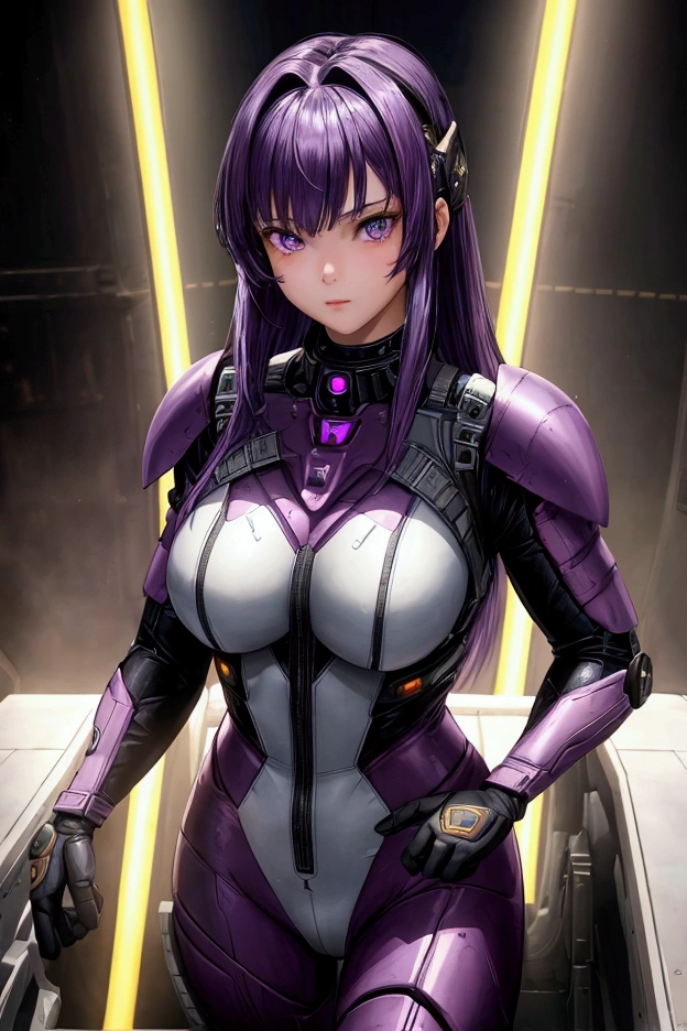 a beautiful young girl with purple hair in the cockpit of a giant mech, fighting in a rider suit-style combat uniform, cinematic dramatic lighting, highly detailed, photorealistic, 8k, best quality, masterpiece