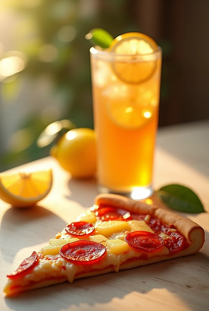 slice of peporoni and pineapple pizza with ice lemon tea on the side

