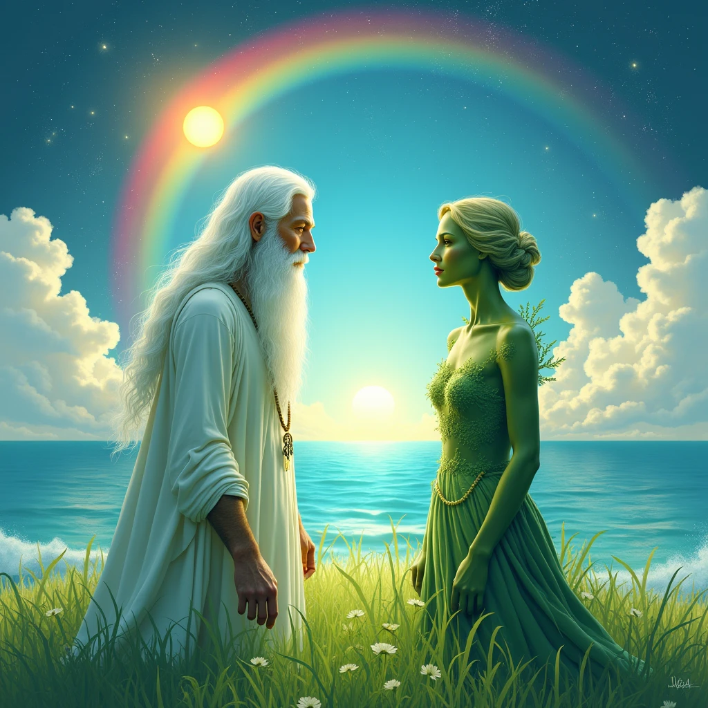 white bearded man with white furry white tunic and green grass woman green grass skin green body front view , blue sea background sea water, the sun stars rainbow on top of the image and moon below the image