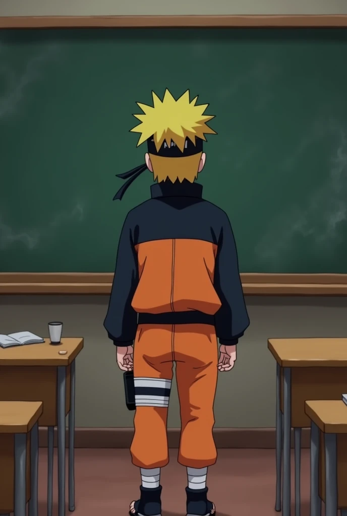 naruto is standing fornt of black board in classroom