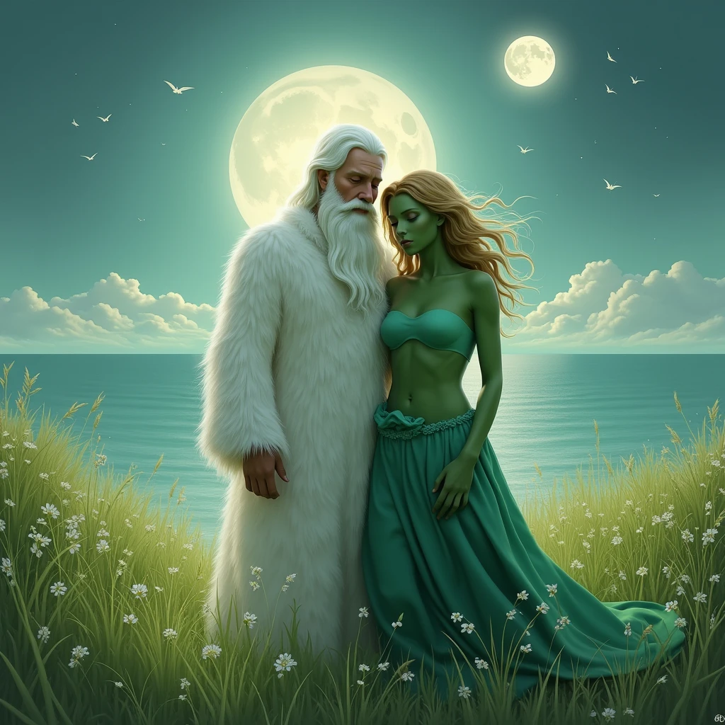 white bearded man with white furry white tunic and green grass woman green grass skin green body front view , blue sea background sea water, the moon above the image and the sun below the image
