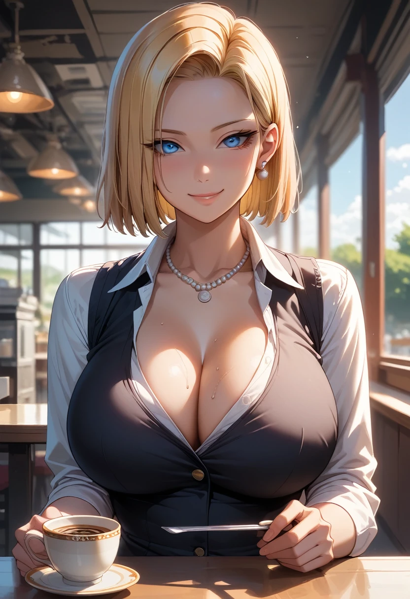 （（（完美shape，shape，alone， （（（Starbucks Coffee staff costumes、Pearl Necklace、Earrings））），（（（AND18, Android 18, Blonde, blue eyes, short hair, ））），((masterpiece)),High resolution, ((Best quality at best))，masterpiece，quality，Best quality，Cinematic lighting、（（（Detailed face、Detailed eyes、 Exquisite facial features，Looking at the audience,There is light in the eyes，(（（smile、cool））)，））），型shape:1.7））），（（（Light and shadow，Huge breasts））），（（（Looking away，The place is a café）））((Sweat))、Best Angle、Cowboy Shot、Offering coffee with both hands