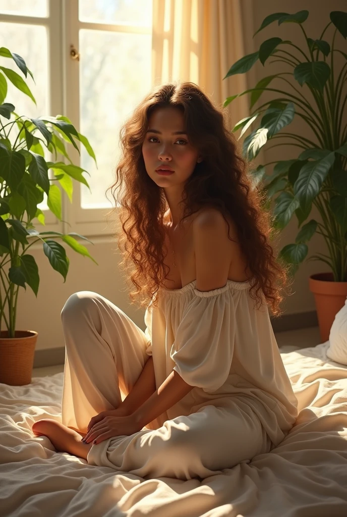 (photorealism:1.2), beautiful woman, sitting on bed, wearing loose off-shoulder top, pajama pants, long curly hair, indoors, soft lighting, plants in background, window with sunlight, cozy room, relaxed pose, realistic, intricate details, warm colors, by Greg Rutkowski, by Alphonse Mucha