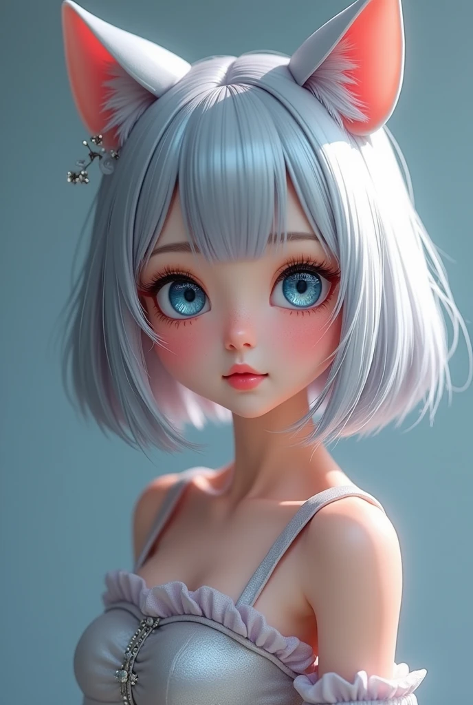 silver bob hair, 1 girl, (((best quality)), ((masterpiece)), (details), masterpiece, best quality, high quality, super detailed, perfect face, ((1 girl, Blue eyes, Cat ears: 1.3 silver bob: 2.5,)),Shiny Hair、Shiny skin、smile、Alluring expression、Lustful、