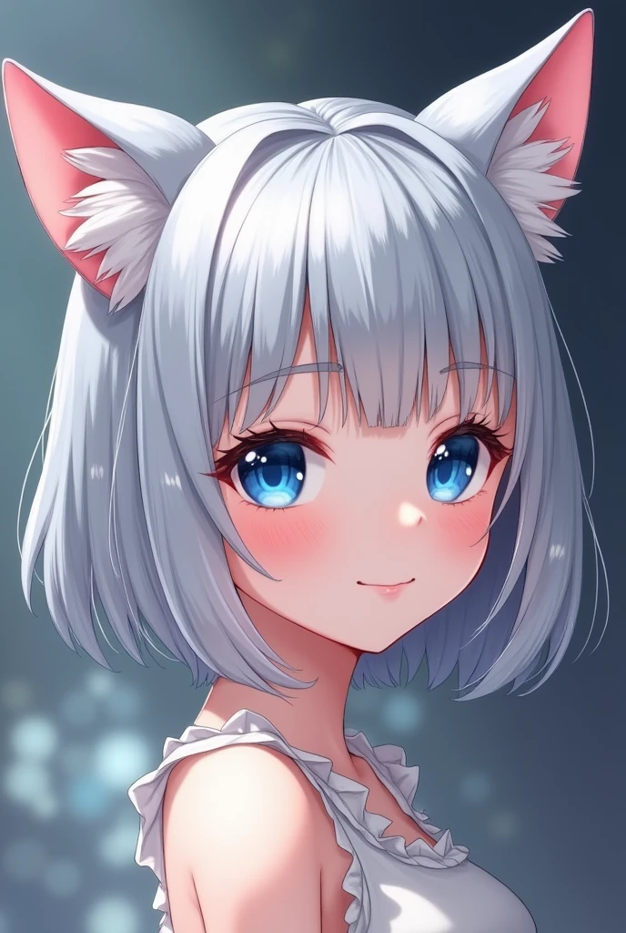 silver bob hair, 1 girl, (((best quality)), ((masterpiece)), (details), masterpiece, best quality, high quality, super detailed, perfect face, ((1 girl, Blue eyes, Cat ears: 1.3 silver bob: 2.5,)),Shiny Hair、Shiny skin、smile、Alluring expression、Lustful、