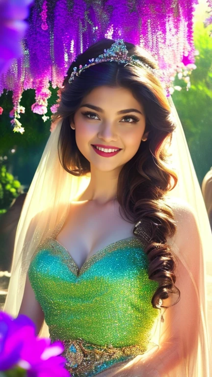 (a beautiful woman in a stunning gown of flowing silk with a radiant smile and captivating eyes),vibrant colors,highres,ultra-detailed,sharp focus,soft lighting,realistic,fantasy-inspired,portraits,subtle color palette,ethereal glow,fairytale,graceful,pastel shades,enchanted garden,lovely flowers,twinkling lights,whimsical ambiance