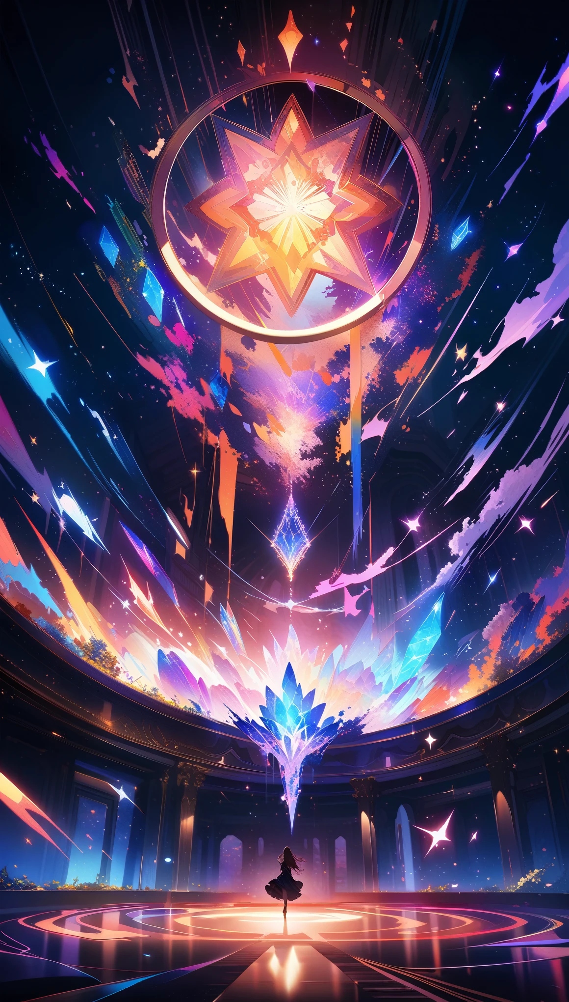 A girl is dancing acrobatically in the starry sky, surrounded by constellations, on black background, white stars and lines forming constellations around her silhouette, light art installation style, high resolution, dreamy effect, fantastic scenery, minimalist design. --ar 3:4 --niji 6, A vibrant, detailed digital painting of an enchanted room filled with magical blue and purple crystal objects, tarot cards, amulets, runes on the walls, shelves, tables, couches, windows, magical artifacts like glowing crystals, ornate wooden furniture. The color scheme is vivid and striking, creating a dreamy atmosphere. colorful illustrations, highly detailed, high resolution, natural lighting, sharp focus, highly detailed illustration, high definition, in the style of octane rendering, hyper realistic. --ar 3:4 --niji 6, ((32k)), ((best quality)), ((ultra high res)), ((HDR)), ((UHD)), ((extremely detailed CG)), ((unity 32k wallpaper)), ((illustration)),