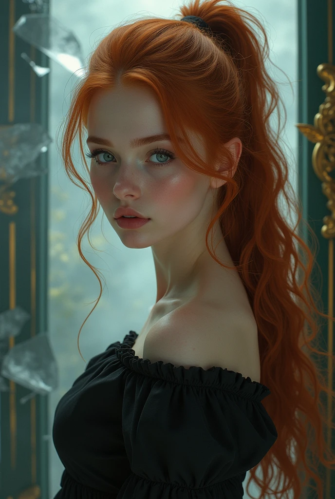 (solo, full body photo:1.3), (action packed:1.3), (haze, fog, mist:1.3), chiaroscuro, best quality, photorealistic, 1woman, (cute), (24yo:1.2), redhead, long ginger hair highly detailed, 1700'S, digital photography, art by artgerm and ruan jia and greg rutkowski surreal painting gold butterfly filigree, broken glass, (masterpiece, sidelighting, finely detailed Fashionable eyes: 1.2) (perfect oval large eyes that gazes at the viewer), beautiful detailed face, blue gorgeous perfect eyes, (blonde hair ponytail), (attractive young woman:1.3), (thick amazing hair), (seductive:1.1), (blushing:1.1)