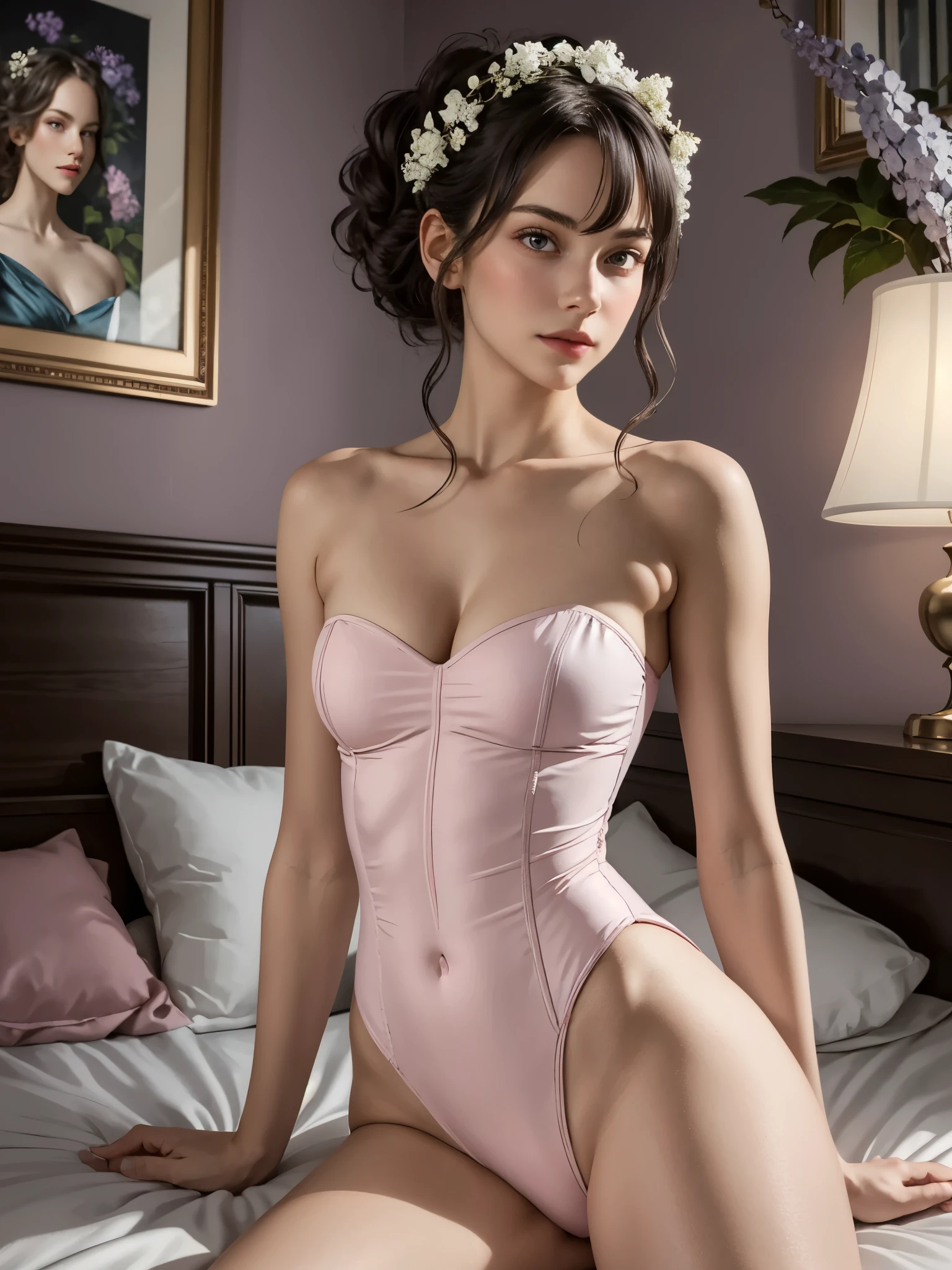 woman wearing strapless leotard, BREAK, 1girl, detailed face, (looking at viewer:1.4), highleg leotard, deep cleavage, (****, cute:1.4), (breasts:1.2), spread legs, shoulder, clavicle, hips, thighs, v-lines, high ponytail, surrealistic, digital painting, curly hair, graceful, (light pink fabric, plush hydrangea bed of pink and white blossoms, dreamy, ethereal ambiance, palette of pink, white, lilacs), soft focus, bangs, gentle glow, fine art, epic, boho gypsy, marquise, duchesse,