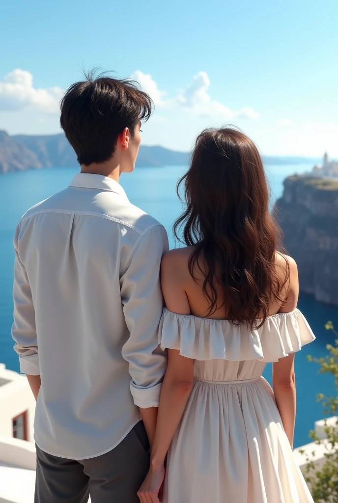 Santorini, two people seen from behind with a view of the sea, a girl with long hair wearing an off-shoulder dress, a tall boy with slightly long black hair wearing a white shirt, his face is not visible