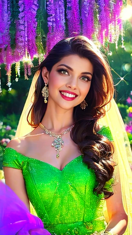 (a beautiful woman in a stunning gown of flowing silk with a radiant smile and captivating eyes),vibrant colors,highres,ultra-detailed,sharp focus,soft lighting,realistic,fantasy-inspired,portraits,subtle color palette,ethereal glow,fairytale,graceful,pastel shades,enchanted garden,lovely flowers,twinkling lights,whimsical ambiance