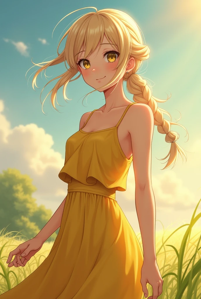 photorealistic, realistic, One, photorealistic, Best quality, super high resolution, 1 girl, Blonde hair in a ponytail, wearing a yellow sundress, wind blowing in the grass, 1 girl, beautiful, masterpiece, Best quality, very detailed face, perfect lighting, 1 girl , One, Best Quality, Ultra High Definition, Photorealistic, Ultra Detailed, Masterpiece, Best Quality