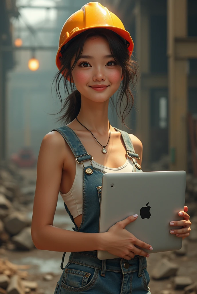 Create an image of an 18-year-old Asian female worker, standing and holding a macbook while wearing a safety helmet. Her face is dirty, but she is smiling with a cute and charming expression. The image should be full-body, with a slightly revealing outfit, showcasing her youthfulness