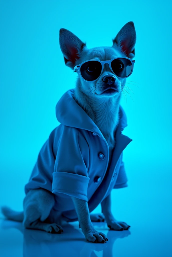 The best cell phone wallpaper, Award-Winning Wallpaper, portrait photography, In the front view is a portrait of a cute dog wearing mid-1960s space age fashion, Side view photo, Shot with Canon EOS R5, Set a strong contrast that accentuates the subject, Fluorescent blue tone, Wearing a very modern coat and sunglasses is a modern 1960s style, Clothes all in one color, beautiful background