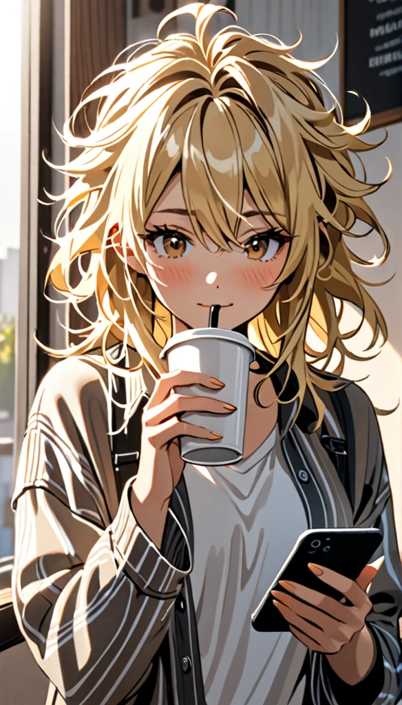 Beautiful and blond messy styled hair, morning, coffee, phone in hand