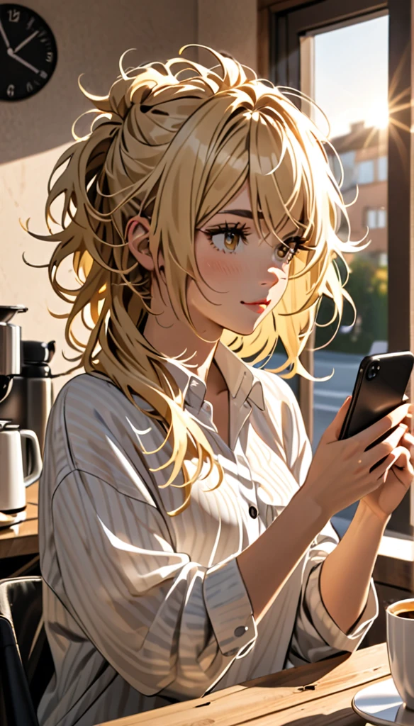 Beautiful and blond messy styled hair, morning, coffee, phone in hand