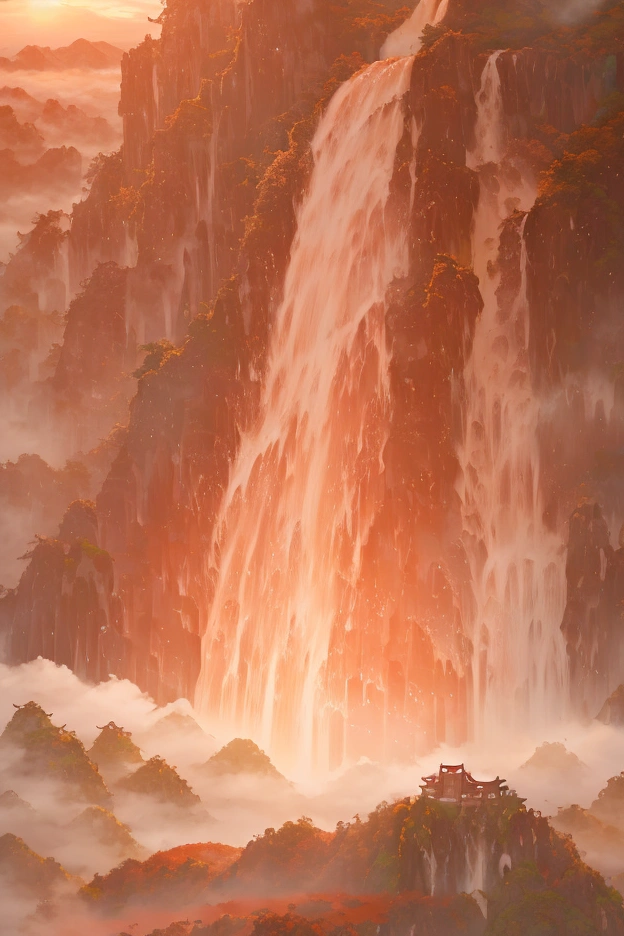 Masterpiece, National style Landscape, (giant waterfalls pouring down from towering cliffs, mountains stacked, steep, majestic, thrilling, surrounded by clouds, hilltop red sun, Lushan scenery: 1.5), asymmetrical balance, amazing spectacle, look up, depth of field, depth, close-up, minimalist art, space blank