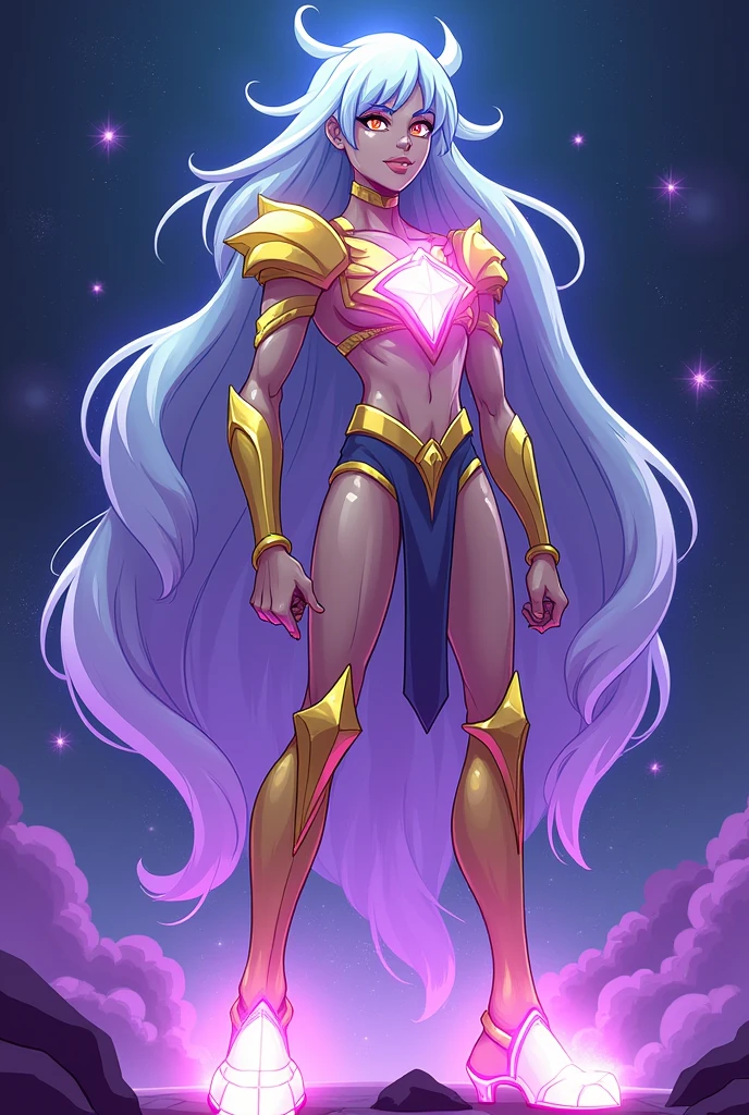 To create the most powerful character in the universe of *Steven Universe*, we can imagine a figure with a combination of power, Wisdom and mystery, in addition to abilities that surpass any other existing being. Here's a description:

### **name**: **Eternia**

### **Appearance**:
- **egg yolk**: Eternia has a star-shaped central gem, located in the chest, that shines with a shimmering multicolored light, representing all known gemstone colors.
- **eyeballs**: Your eyes change color, reflecting the energies and powers you currently control, with a constant glow that seems to see through time and space.
- **body hair**: far away, fluid and in constant movement, as if it were made of pure cosmic energy. Their colors vary between shades of purple, blue and silver.
- **cos**: Its skin has a crystal-like texture, with a slight golden glow. She wears elegant armor, but ethereal, that seems to be made of solidified light, reflecting his divine status.
- **Height**: She is imposing, higher than any other gem or fusion, symbolizing his dominion over the universe.

### **powers**:
- **Space-Time Manipulation**: Eternia can bend time and space to her will., allowing it to appear in multiple places at once, travel through eras and alter reality as needed.
- **Criação de egg yolk**: Unlike the others, Eternia can create new gems from its own essence, giving life to beings with unique powers.
- **Supreme Fusion**: She can fuse with any number of gems simultaneously., creating entities with incomparable powers.
- **Cosmic Domain**: Has control over cosmic forces, like gravity, dark matter, and energy, being able to create or destroy entire galaxies.
- **Omniscience**: Eternia has absolute knowledge about everything that happened, is happening and will happen in the universe, allowing you to anticipate any movement of your enemies.

### **history**:
Eternia is the first