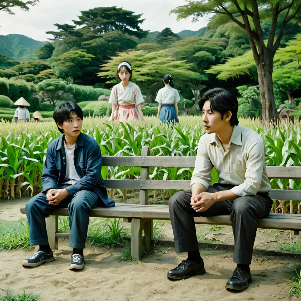 On the left side there is a young boy sitting on an outdoor bench, on the right side there is a head of a young Asian man in a cornwork. still from a live action movie, live action movie scene, yoshi tomo nara and aya takano, Japanese horror, Japanese horror movie filming, Japanese popsurrealism, Japanese live-action movie, timeless disturbing masterpiece, photorealistic movie yet, hyperrealistic movie still