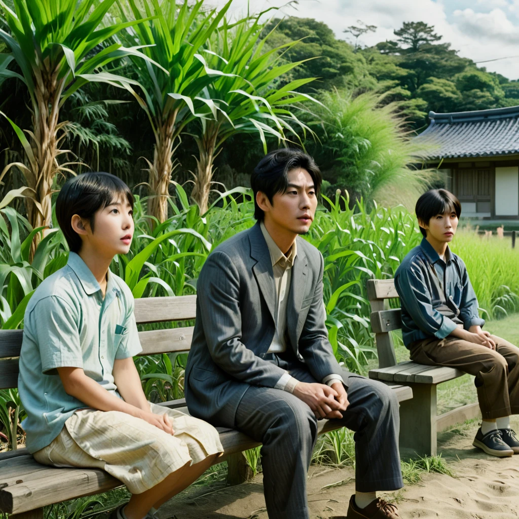 On the left side there is a young boy sitting on an outdoor bench, on the right side there is a head of a young Asian man in a cornwork. still from a live action movie, live action movie scene, yoshi tomo nara and aya takano, Japanese horror, Japanese horror movie filming, Japanese popsurrealism, Japanese live-action movie, timeless disturbing masterpiece, photorealistic movie yet, hyperrealistic movie still