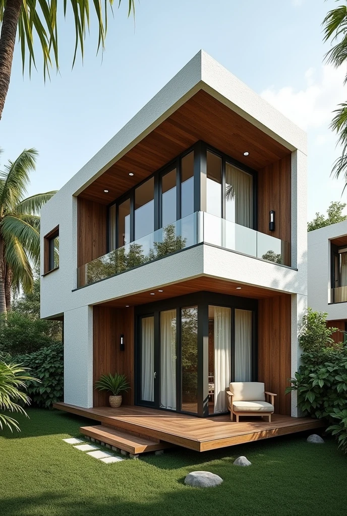Tiny home, 6x5m,stucco ,white,wood,steel, glass,tropical ,2 levels, 