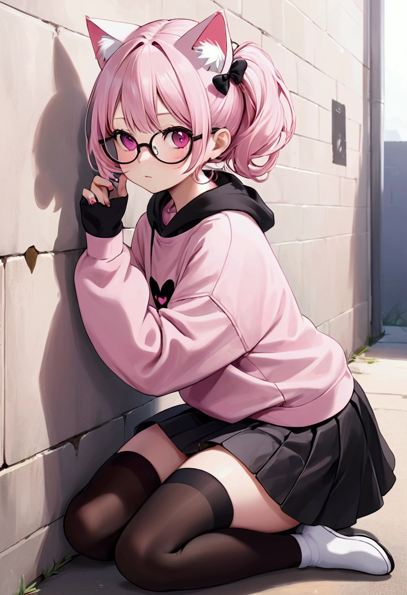 I have white pink hair, cat ears, a bun, my face is super blushing, black glasses, pink heart eyes, a big pink sweatshirt, a black skirt, black stockings, white shoes, a cat&#39;s tail, a girl. very shy that she is glued to a wall with her butt