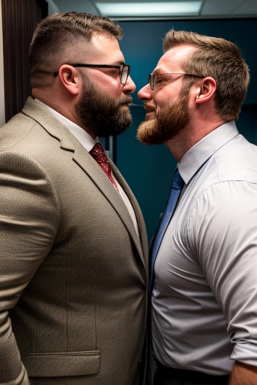 Award-winning original photos，2men, a wild muscular man and a tall chubby man, (40 years old daddy:1.1), beards, burly, hunk, (office suits), one man wearing glasses, about to kiss passionately while leaning to a wall, detailed, lovely, upper body shot, from the side