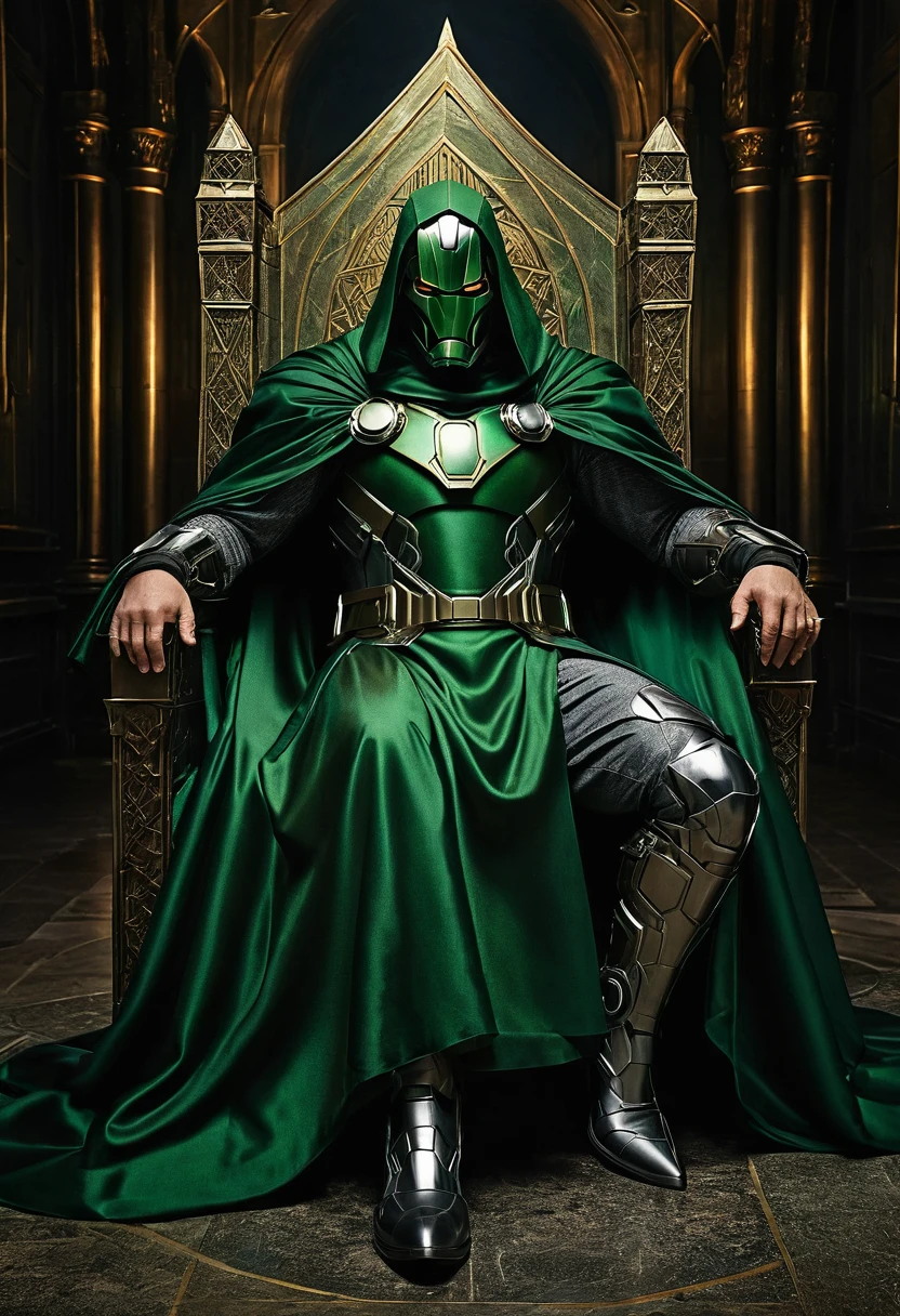 Create a hyper-realistic, 4K image of Robert Downey Jr. fully visible, portraying Victor Von Doom. He is dressed in the iconic, regal armor of Doctor Doom, complete with a dark green cloak draped over his shoulders and intricate metallic details on his suit. He is seated on a grand, imposing throne, inspired by the classic comic book depictions, with one hand resting on the armrest and the other holding the edge of his cloak. The setting is a dark, gothic castle hall, with dim lighting that highlights the power and authority in his gaze. The overall scene is epic, dramatic, and reminiscent of the classic imagery of Doctor Doom in the comics.