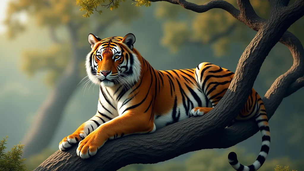 : A powerful tiger resting on a large, twisted branch of a towering tree, its sharp eyes focused and fur glistening in the soft morning light. 8k