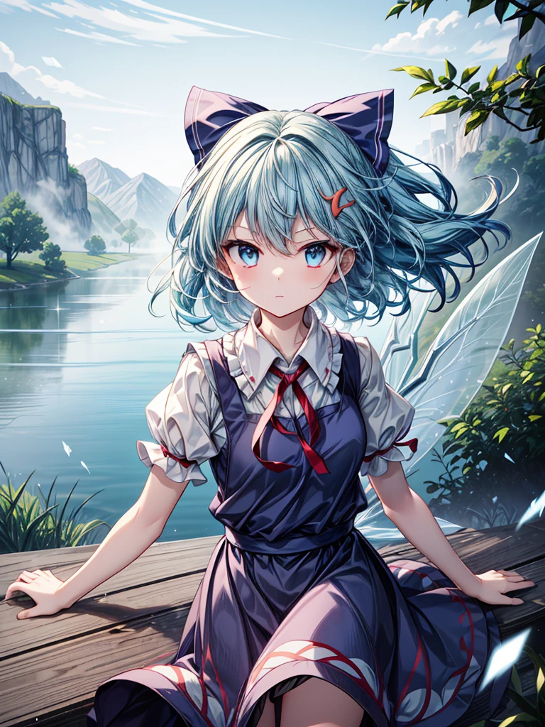 1girl, ((Alluring)),((Wear cold air)),cirno (Touhou), ((long hair)), blue hair, ice wings, ((Hair blowing in the wind)),fairy wings, Blue eyes, bangs, white shirt, collared shirt, puffy short sleeves, blue dress, pinafore dress, red ribbon, neck ribbon, blue bow, green bow, hair bow, bow,((misty lake)),((Gensokyo))
