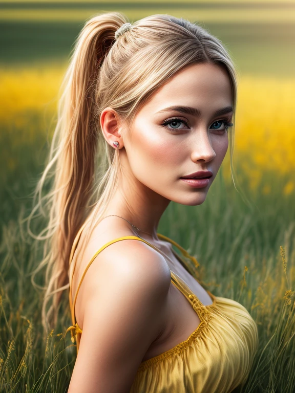 photorealistic, realistic, One, photorealistic, Best quality, super high resolution, 1 girl, Blonde hair in a ponytail, wearing a yellow sundress, wind blowing in the grass, 1 girl, beautiful, masterpiece, Best quality, very detailed face, perfect lighting, 1 girl , One, Best Quality, Ultra High Definition, Photorealistic, Ultra Detailed, Masterpiece, Best Quality