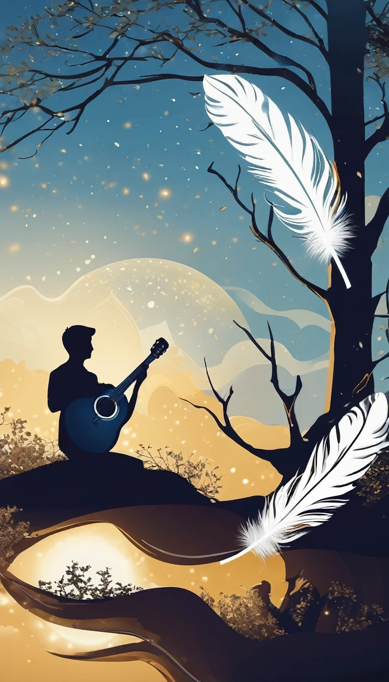 Create a cinematic, abstract symbol for a storytelling production brand based on stories and dreams called " Penamemoria". The logo should convey a fantasy theme and include the company of a boy and a feather. Fantastic, memorable, poetic, dreamy, sitting against a tree and playing guitar to a fantastic, unique, poetic white-blue-golden feather.
