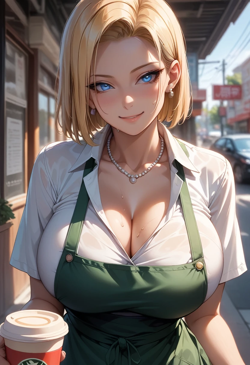 (((完美shape,shape,alone, (((Starbucks Coffee staff green apron、Pearl Necklace、Earrings))),(((AND18, Android 18, Blonde, blue eyes, short hair, ))),((masterpiece)),High resolution, ((Best quality at best)),masterpiece,quality,Best quality,Cinematic lighting、(((Detailed face、Detailed eyes、 Exquisite facial features,Looking at the audience,There is light in the eyes,(((smile、cool))),))),型shape:1.7))),(((Light and shadow,Huge breasts))),(((Looking away,The place is a café)))((Sweat))、Best Angle、Cowboy Shot、The gesture of offering coffee to a customer with both hands