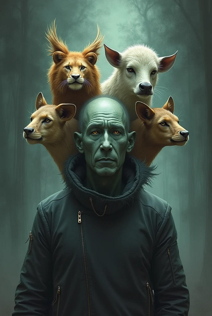 A man with 4 faces, one of a lion , one of eagle , one of a calf and one of a man around their heads and four faces