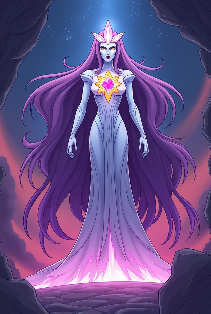 To create the most powerful character in the universe of *Steven Universe*, we can imagine a figure with a combination of power, Wisdom and mystery, in addition to abilities that surpass any other existing being. Here's a description:
### **name**: **Eternia**
### **Appearance**:
- **egg yolk**: Eternia has a star-shaped central gem, located in the chest, that shines with a shimmering multicolored light, representing all known gemstone colors.
- **eyeballs**: Your eyes change color, reflecting the energies and powers you currently control, with a constant glow that seems to see through time and space.
- **body hair**: far away, fluid and in constant movement, as if it were made of pure cosmic energy. Their colors vary between shades of purple, blue and silver.
- **cos**: Its skin has a crystal-like texture, with a slight golden glow. She wears elegant armor, but ethereal, that seems to be made of solidified light, reflecting his divine status.
- **Height**: She is imposing, higher than any other gem or fusion, symbolizing his dominion over the universe.
### **powers**:
- **Space-Time Manipulation**: Eternia can bend time and space to her will., allowing it to appear in multiple places at once, travel through eras and alter reality as needed.
- **Criação de egg yolk**: Unlike the others, Eternia can create new gems from its own essence, giving life to beings with unique powers.
- **Supreme Fusion**: She can fuse with any number of gems simultaneously., creating entities with incomparable powers.
- **Cosmic Domain**: Has control over cosmic forces, like gravity, dark matter, and energy, being able to create or destroy entire galaxies.
- **Omniscience**: Eternia has absolute knowledge about everything that happened, is happening and will happen in the universe, allowing you to anticipate any movement of your enemies.
### **history**:
Eternia is the first