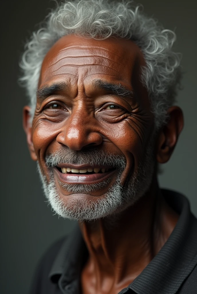 A black old man smiling with one front teeth off and he is crying