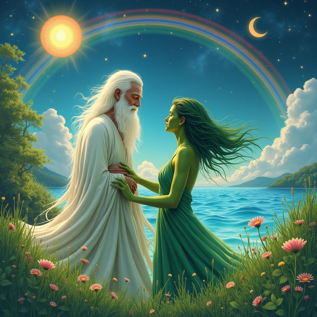 white bearded man with white furry white tunic and green grass woman green grass skin green body front view , blue sea background sea water, the sun stars rainbow on top of the image and moon below the image