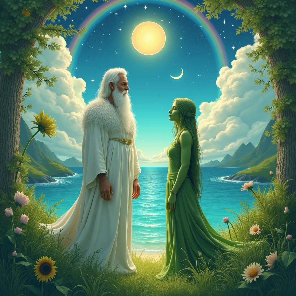 white bearded man with white furry white tunic and green grass woman green grass skin green body front view , blue sea background sea water, the sun stars rainbow on top of the image and moon below the image