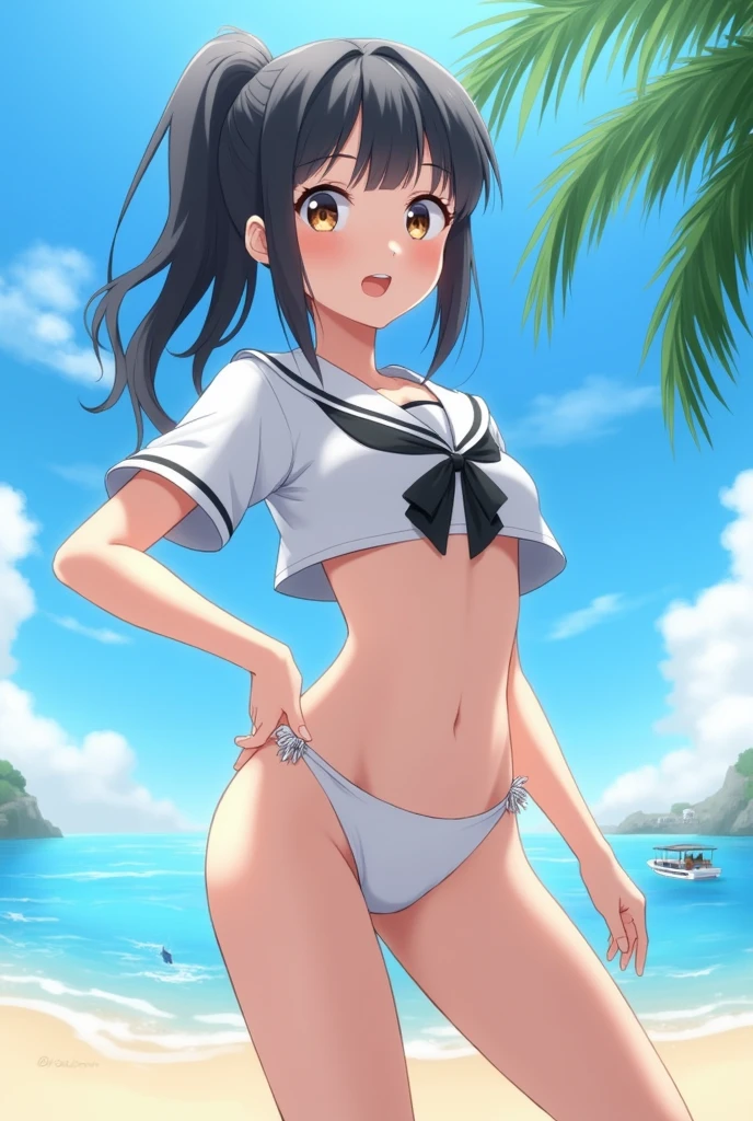 ((Panty shot)),((Roll up your skirt)),((White panties focus)),Recall,(Low - Angle,From below),((masterpiece, Highest Resolution,Highest quality)), (Beautiful illustrations), ((Semi-long beautiful black hair,Blunt bangs,ponytail,Beautiful Eyes)),(alone),(Elegant swimwear, Japanese high ,Sailor,mini skirt),(Looking at the audience), (Swimming in the sea),(Innocent cute laughter,teeth), (Cinema Lighting),Beach, sand, blue sky, Wave, Coconut Tree,fish,boat,See Gold。,