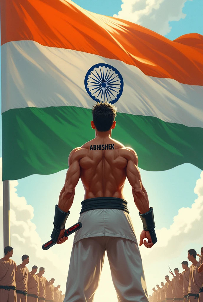 A huge tricolor flag of India is fluttering, and Happy Independence Day is written in saffron color of the flag and 15 August 2024 is written in green color. An 18 year old Warrior man is standing in front of it facing towards the flag and the boy is wearing a mma dress wearing a with 'ABHISHEK' written on it and 1 written below 'ABHISHEK' and he is wearing Karate dress and his back is visible don't forget to write your name hold in his right hand nonchak