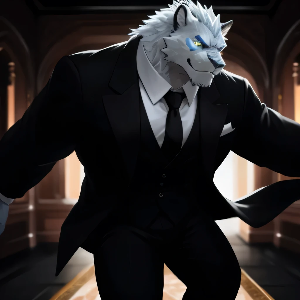 The man in a formal suit, with a serious expression, readies himself for a fight. His sharp, detailed features are accentuated by the bright light in the room. He wears a pristine, well-tailored suit, the fabric smooth and wrinkle-free. His muscles, though hidden beneath the layers of cloth, are tense and ready to move. The depth of field in this high-quality masterpiece captures the man's intense focus on the viewer, his eyes narrowed and full of determination. The motion blur effect adds a sense of action and energy to the scene, making it a truly dramatic and realistic representation of the man's readiness to fight.