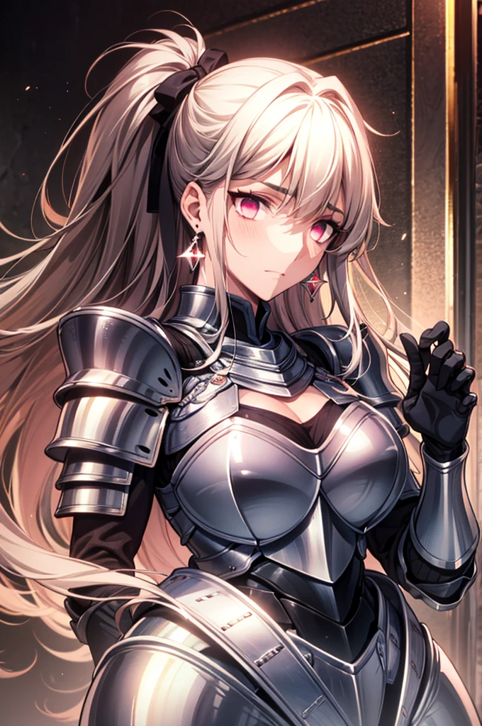 Masterpiece,Highest quality,8k,Ultra-high resolution,appropriate margins,Perfect hands,Perfect Fingers,Perfect human body,Perfect Eyes,((Cowboy Shot)),BREAK,Bright expression,(1 person),(The most beautiful mature women),Slim body,((Transcendently large breasts)),Cleavage,Moisturized Skin,Fair skin,BREAK,(Black Hair),Long Hair,Unshaven,Thin eyebrows,BREAK,Pale pink eyes,Glowing eyes,BREAK,earrings,BREAK,((Armor Knight)),((Fantasy Costume)),BREAK,Make eye contact with your audience,nsfw,とてもBright expression