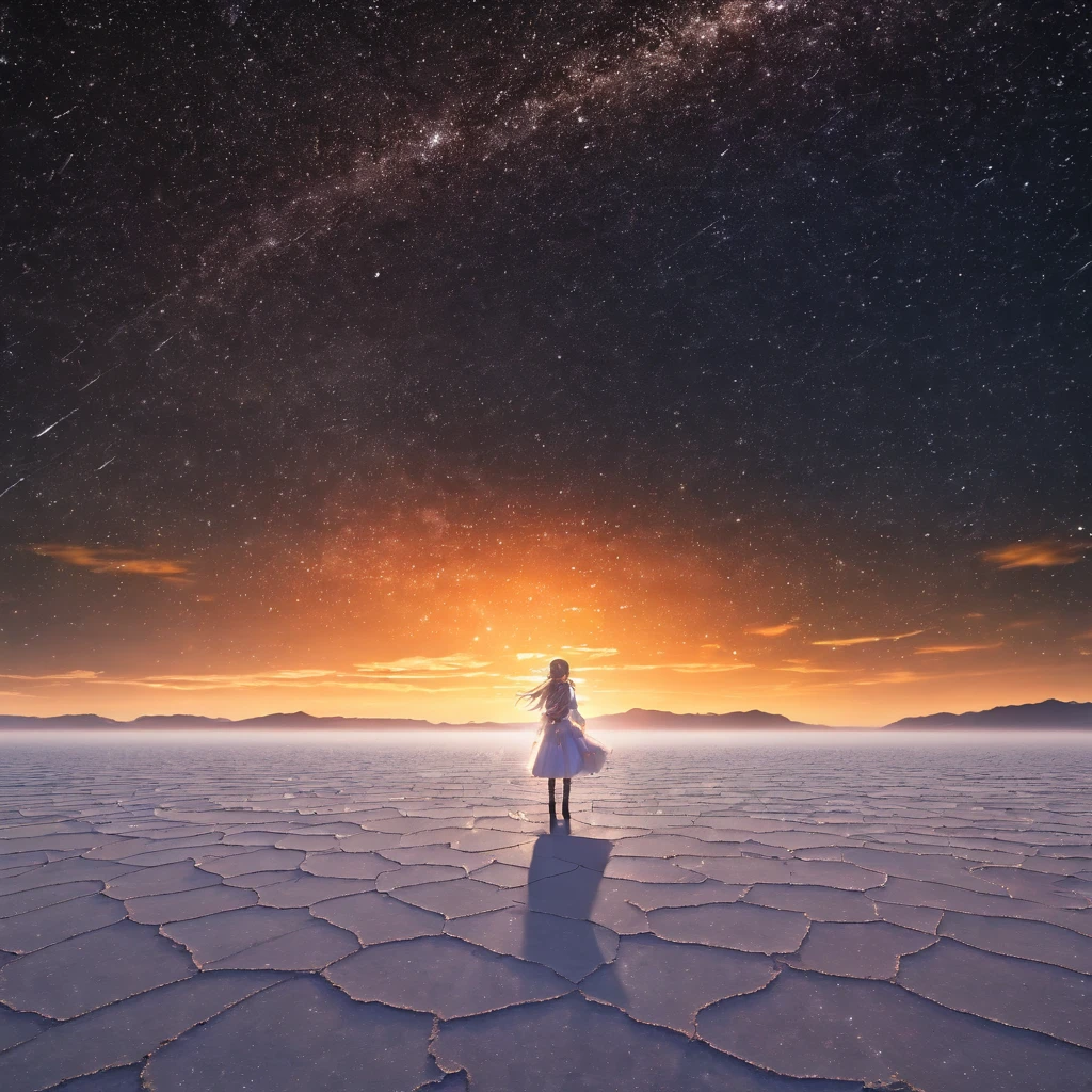 (master piece),(top-quality:1.2),(4k anime),(Uyuni Salt Flat),(standing in Salar de Uyuni),(Reflects the star sky and a lot of shooting stars),(very wide shot),1 girl,(solo),small breasts,white ****ta fashion,((long sleeve white costume)),((white skirt)), ((full body)), ((look up)),(Highly detailed elegant), like a dream atmosphere, Hyper Detail,darkness sky,black sky,high contrast