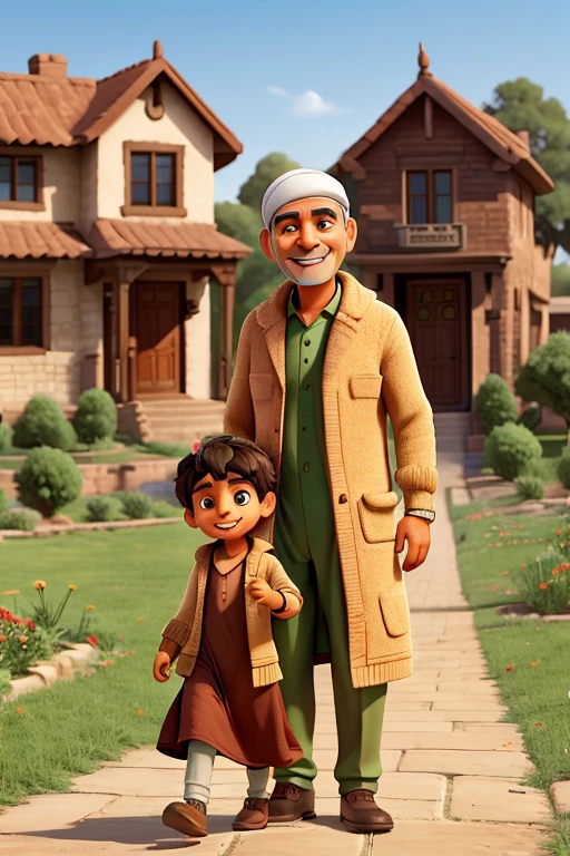 "An Afghan father with a warm and pleasant smile, holding a bright red pomegranate in his hand and wearing an Afghan dress walks towards an old house with brick walls and wooden windows. Around him, his children with bright eyes and cheerful smiles, in They are running and playing. The green and fruitful trees in the yard of the old house have created a pleasant and cheerful atmosphere, and the sound of children's laughter is in the air.