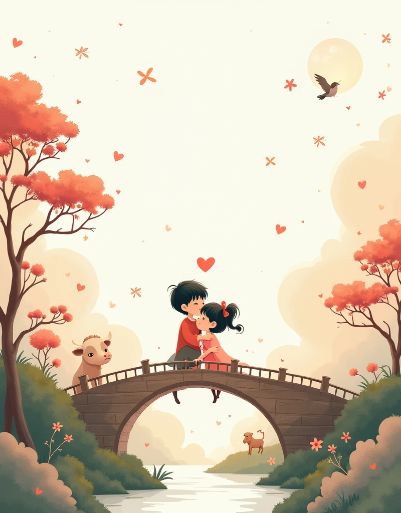 Ink portrait,National scenery,New Gongbi,Song Huizong,(((Large area of white space))),(((The person in the picture is in the middle right))),A triangle shape,(Qixi Valentine's Day),((Boys and girls snuggle together:1.7)),(Standing on the arch bridge),(A cute calf:1.7),(Magpie:1.8), ((Fluffy love heart)),Fluffy clouds,Star,Beautiful moon,Grass,Flowers,In a dream,A vibrant and fun way to set the stage,Very warm and cute,White main color,warmth,Soft Light,exquisite,Healing style,HD,Bright,Art