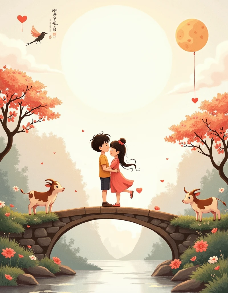 Ink portrait,National scenery,New Gongbi,Song Huizong,(((Large area of white space))),(((The person in the picture is in the middle right))),A triangle shape,(Qixi Valentine's Day),((Boys and girls snuggle together:1.7)),(Standing on the arch bridge),(A cute calf:1.7),(Magpie:1.8), ((Fluffy love heart)),Fluffy clouds,Star,Beautiful moon,Grass,Flowers,In a dream,A vibrant and fun way to set the stage,Very warm and cute,White main color,warmth,Soft Light,exquisite,Healing style,HD,Bright,Art